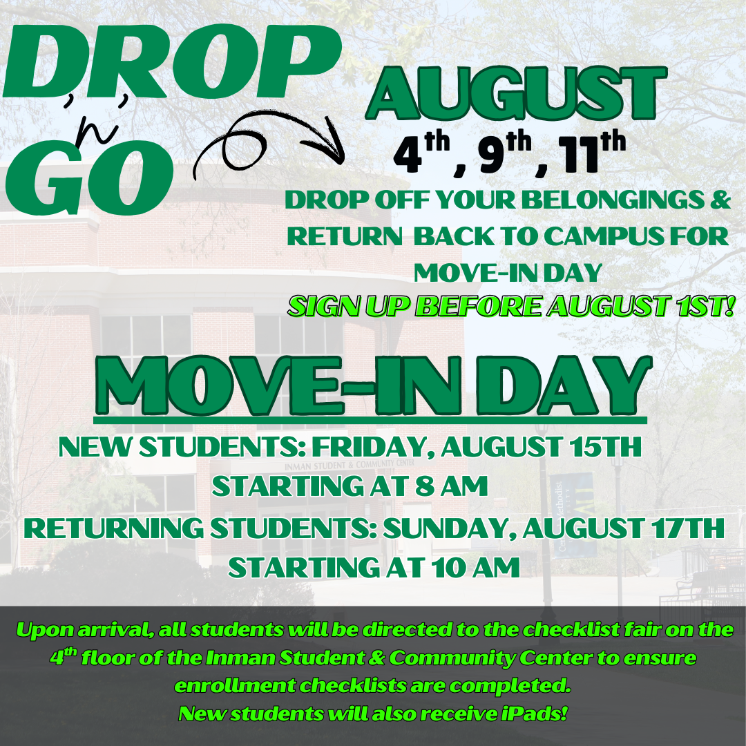 A graphic stating CMU's Drop 'N Go dates are Augst 4, 9, and 11. Select the image to sign up before August 1.
